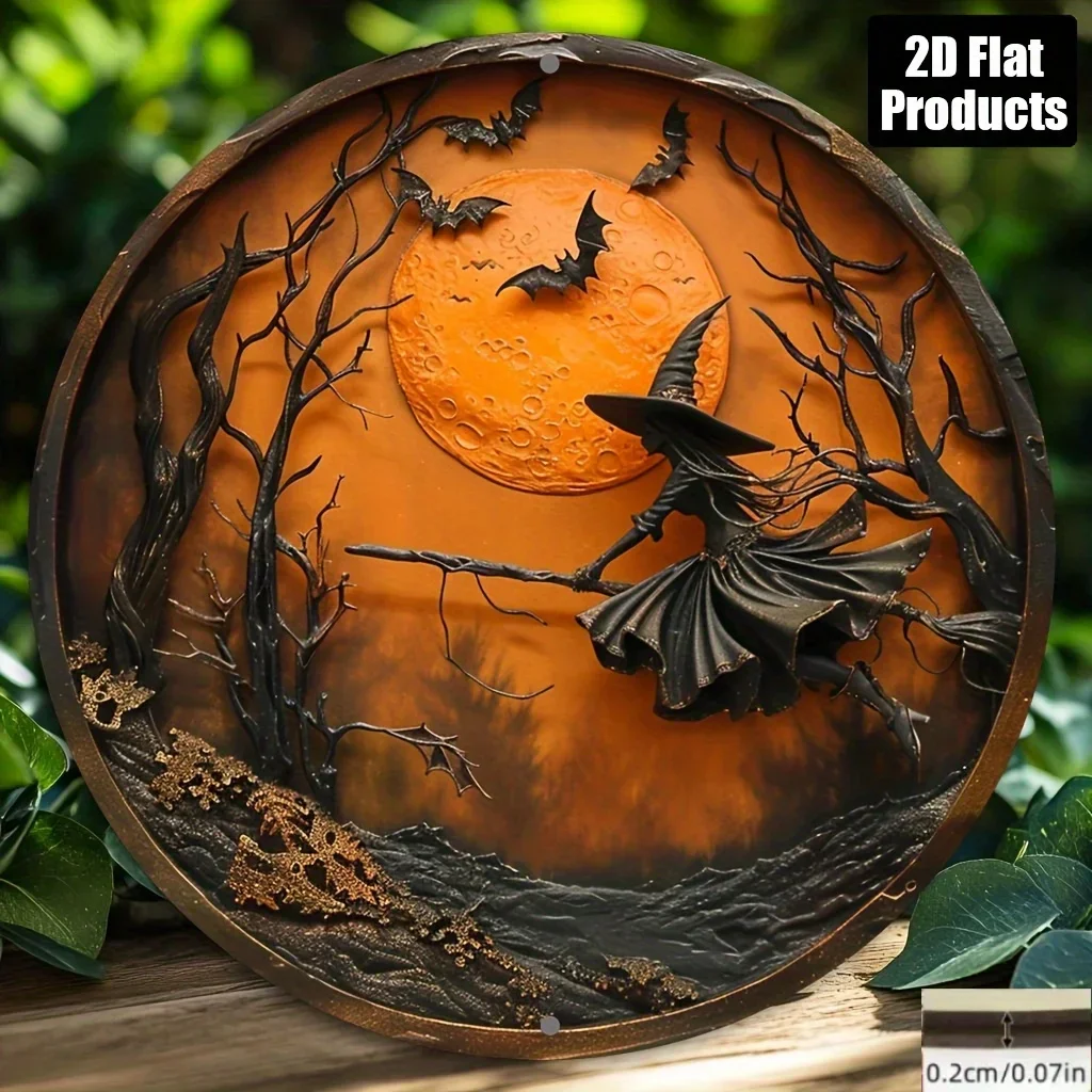 2D flache, Halloween-Wanddekoration aus Holz – 2D flaches, bedrucktes rundes Schild mit Hexe, Fledermäusen und Mond-Design – klassischer Stil für Zuhause, Küche,