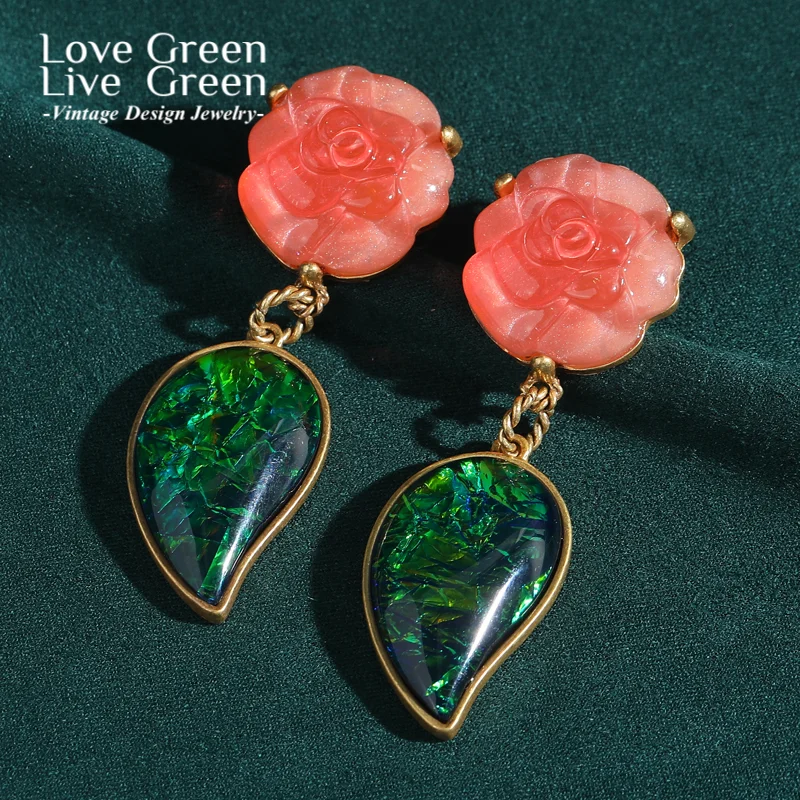 

Vintage Pink Rose Flower Earrings Drop Green Leaf Resin Natural Stone Jewelry Large For Woman Accessories Engagement 2025 Trend
