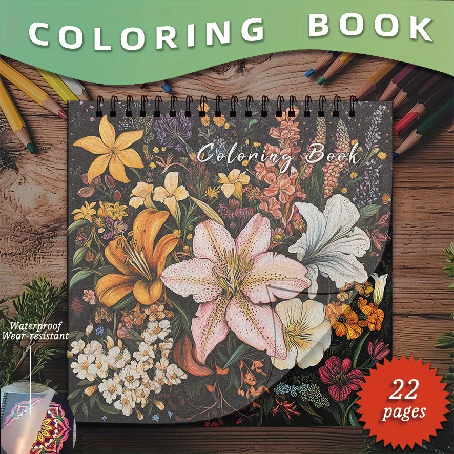 

Adult Flower Coloring Book - 8.27" x 8.27", 22 pages. Floral designs, stress reliever, gift for flower lovers.