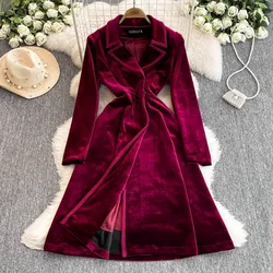 Women's Autumn/Winter 2024 New Velvet Suit Collar Slim Fit Mid Length Windbreaker Jacket Trench