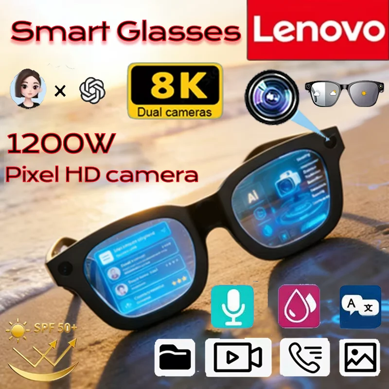 

Умные очки Lenovo 8K AI с функцией перевода, новая HD-камера 1200 МП для съемки изображений, Bluetooth, запись звонков, музыка, умные солнцезащитные очки
