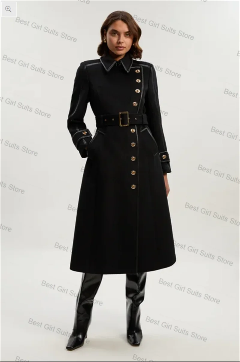 Black Cashmere Wool Women Suit 1 Pcs Long Blazer Prom Dress Winter Warm Overcoat Belted Formal Office Lady Jacket Customized