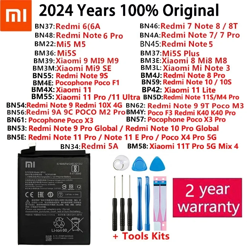 Xiaomi Redmi Note Mi K40 3 5 5A M5 5S 6 6A 7 8 8T 9 9A 9C 9S 9T 10 10S 10X 11 11S 11T SE Poco F1 M2 M3 F3 X3 4X plus Pro Battery