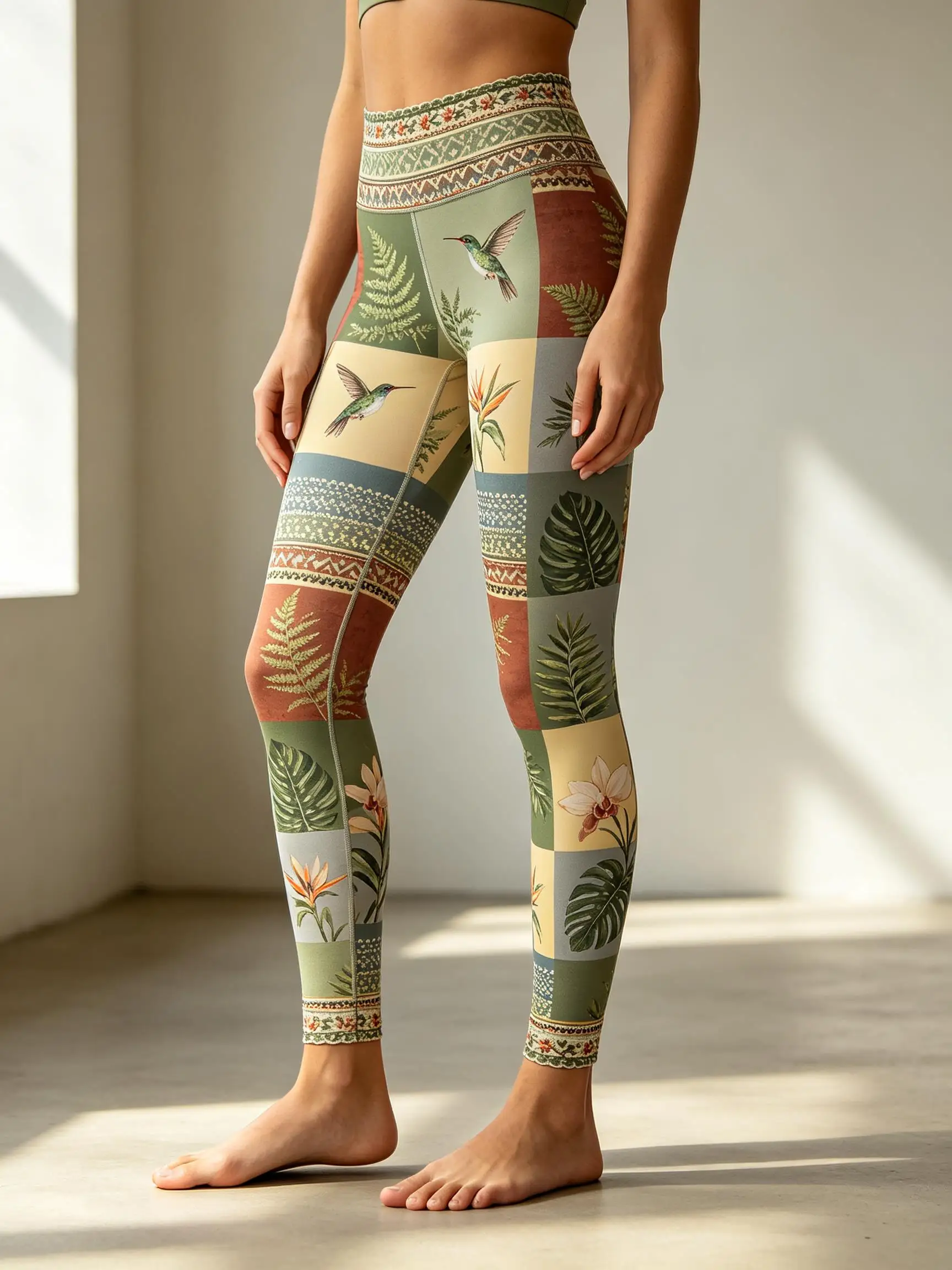 Women Fleece-Lined Mid-Rise Leggings Hummingbird Tropical Leaf Patchwork Print Slim Warm Casual Pants