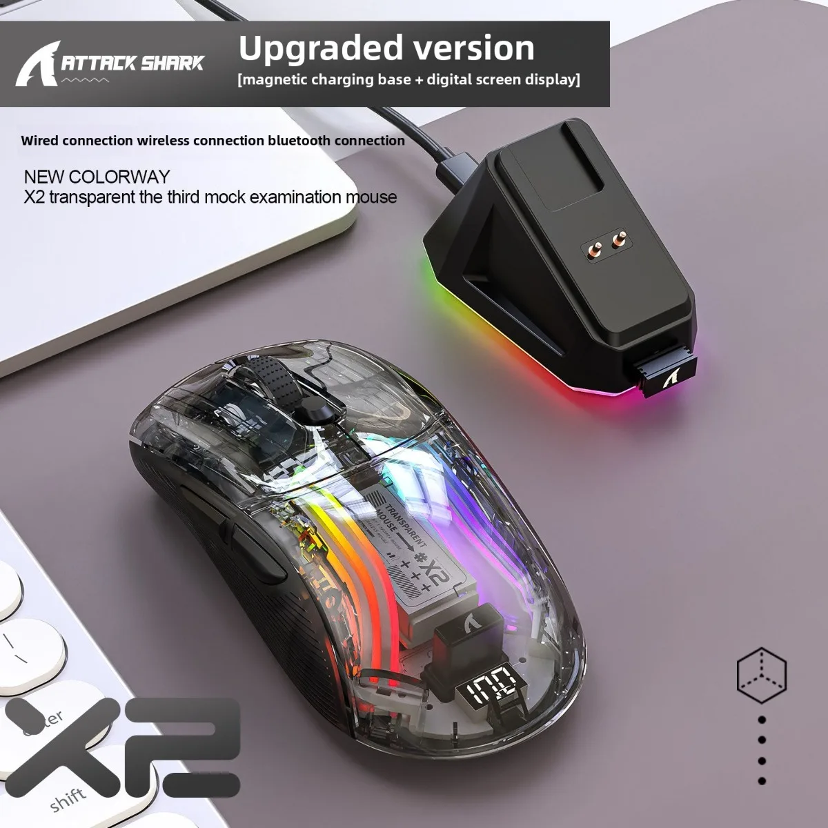 

ATTACK SHARK X2Pro Bluetooth Mouse RGB Tri-Mode Connection Transparent Shell Wireless Gaming Mouse with Magnetic Charging Dock
