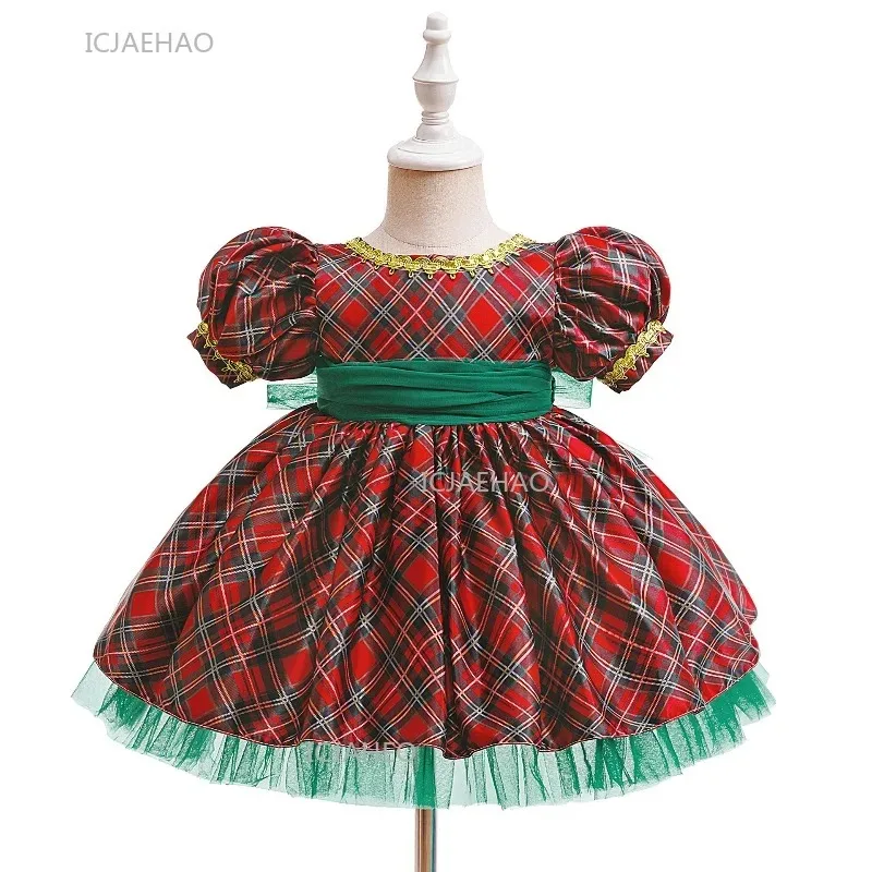 Christmas Holidays Girls Dress Big Bow Plaid Pattern Tulle Red Green Spliced Party Gown Birthday Celebration Outfit Elves Kids