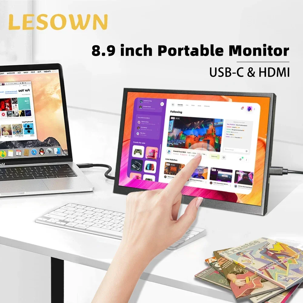 LESOWN Portable Small Monitor Touchscreen 8.9 inch Type-C HDMI1920x1200 IPS 16:10 Wide Display with Speakers for Computer PC