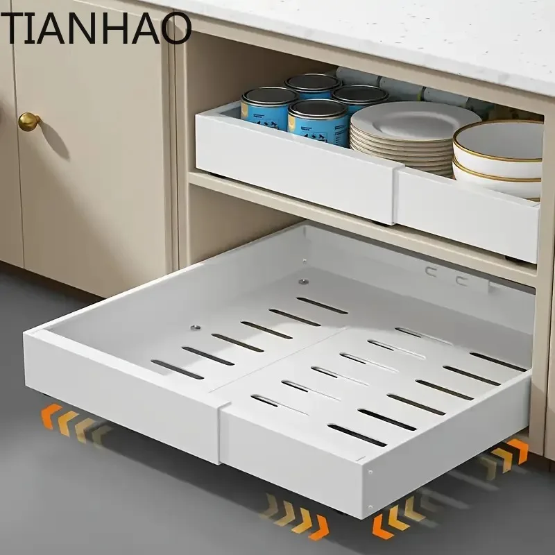 Pull-out Cabinet Storage Rack with 3 Silent Slide Rails, No Drilling Required, Suitable for Kitchen Spice Tableware Organization