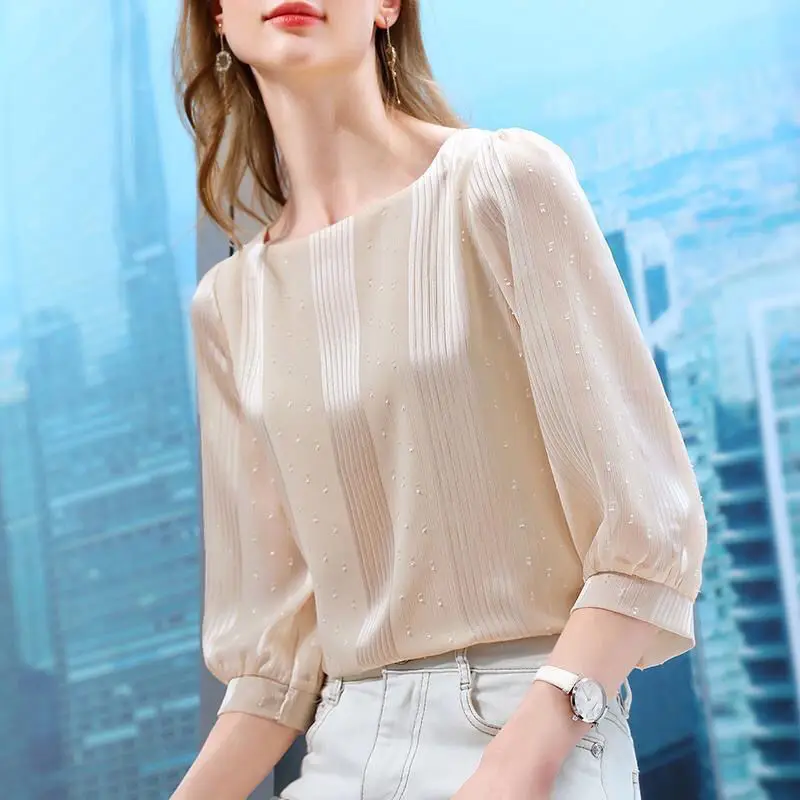 2023 Spring Summer New Square Neck Solid Color Three Quarter Tee Shirt Women French Style Bright Silk Loose Casual Chiffon Shirt