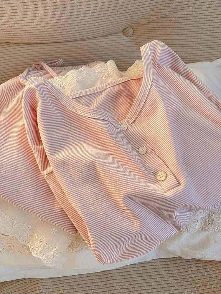 Plus Size 300-Pou Zoete Kanten Rand Roze Lange Sve Spwear Dames Lente Herfst Nieuwe Gestreepte Lange Broek Thuis kleding