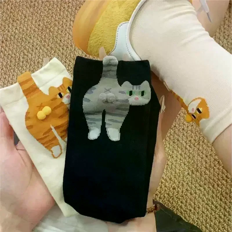 

1/2Pair Cartoon Cute Cat Balls Cotton Socks Kawaii Lolita Knitting Socks Cat Butt Print Couple Sock Women Girls Middle Tube Sock