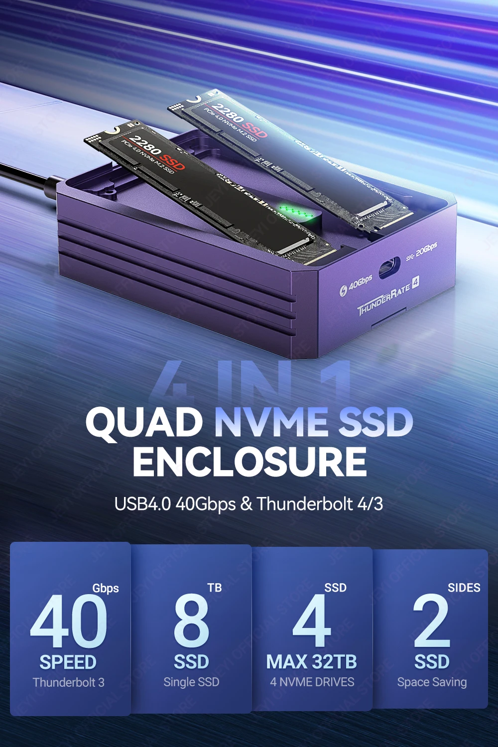 JEYI 4-Bay M.2 NVMe SSD-Gehäuse, kompatibel mit Thunderbolt 4/3 und USB4 40 Gbit/s, RAID 0/1/5/10-Unterstützung, ultraschnelle Dockingstation – Detail 1