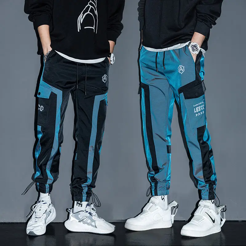 Hip Hop Streetwear Joggers Pants Men Student Casual Cargo Pant Trousers High Street Elastic Waist Loose Laser Harem Pant Boys