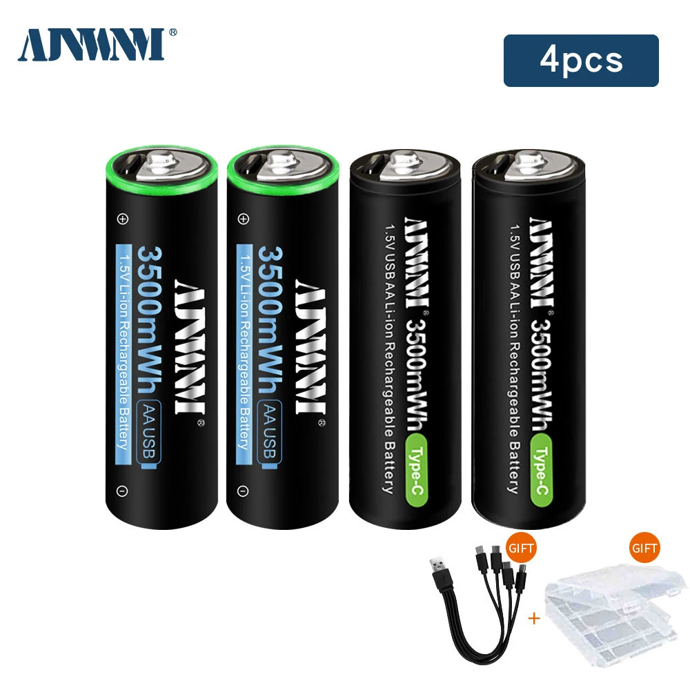 AJNWNM - 1.5V Lithium-ion Rechargeable AA 3500mWh Battery for Remote Control Wireless Toy TYPE-C+ USB Cable