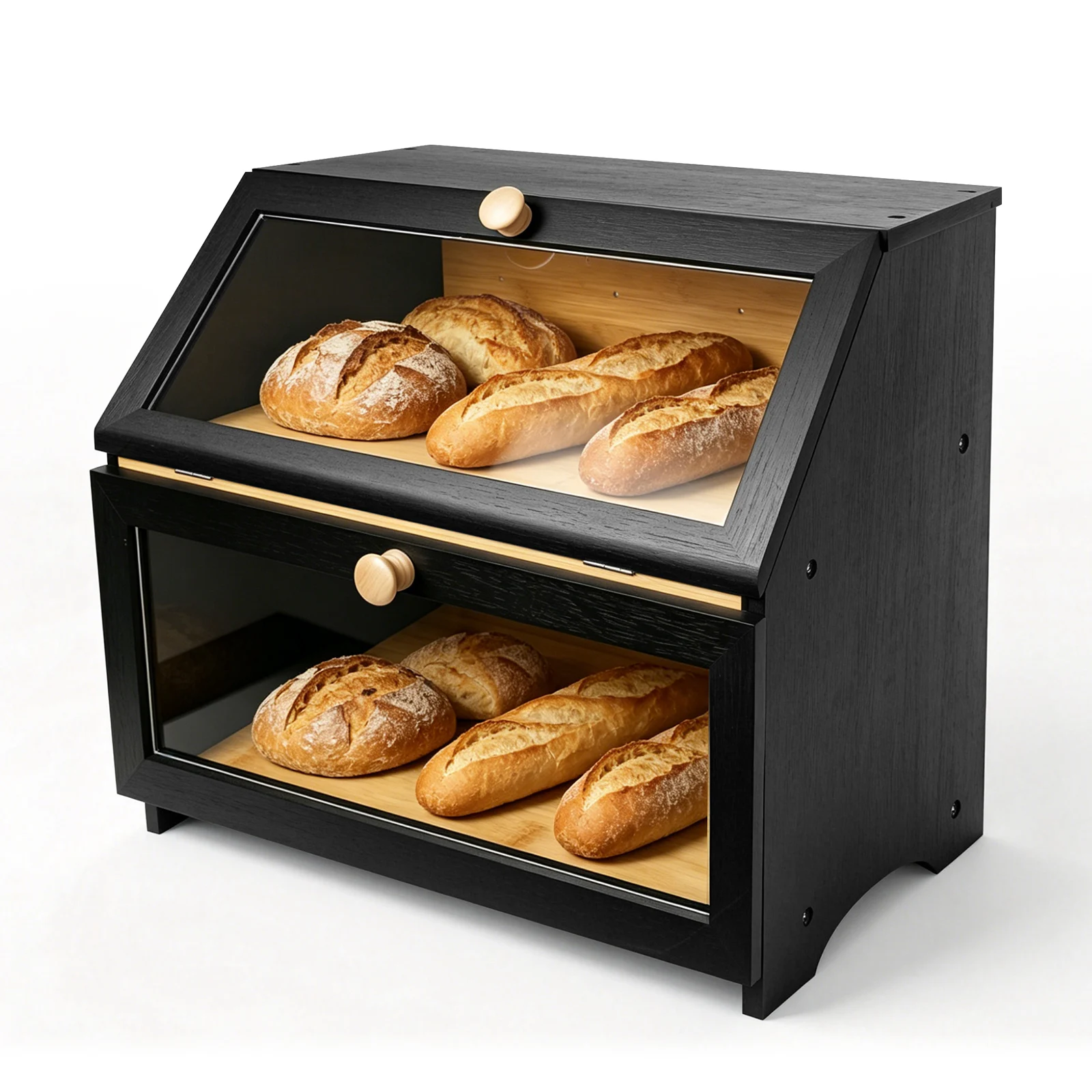 Boîte de rangement d'angle de cuisine à 2 niveaux pour pain avec fenêtre |   Fenêtre de visualisation, Serrure magnétique, Poignée lisse, Base surélevée, Charnière de sécurité, Anti-moisissure, Étanche à l'humidité, Facile à nettoyer