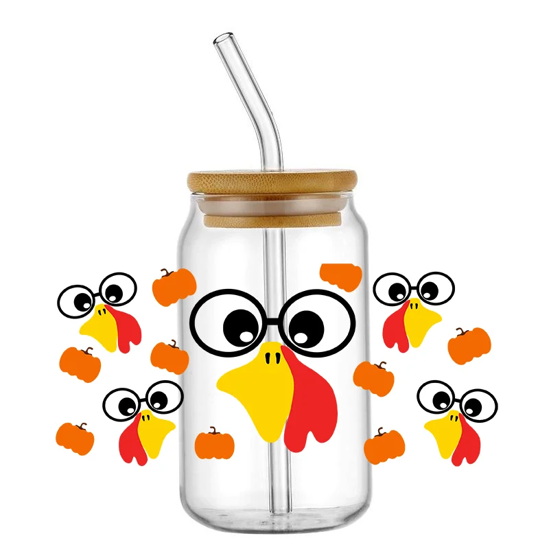 Cartoon Turkey UV DTF Sticker Wraps Waterproof Transfer Decals for 16oz Cup Glasses Labels DIY Logo Selfadhesive Waterproof