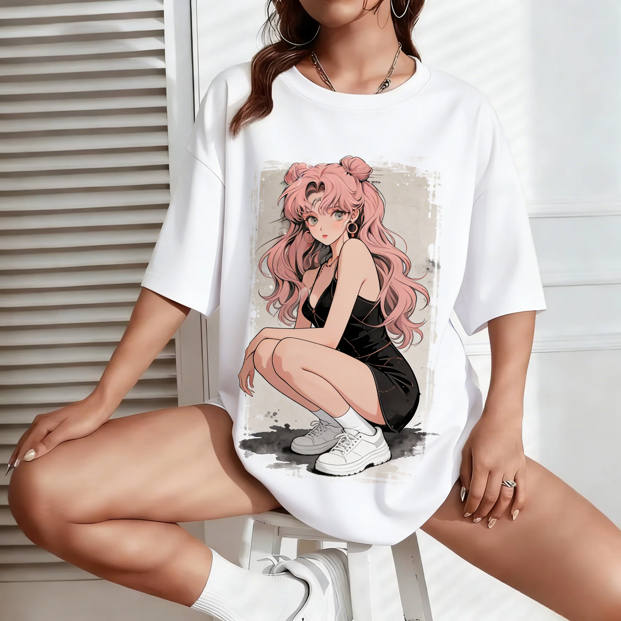 Camiseta Holgada Estampada 100% Algodón para Hombre y Mujer, Estilo Sailor Moon Rabbit, Tendencia Urbana Moderna, Verano 2026