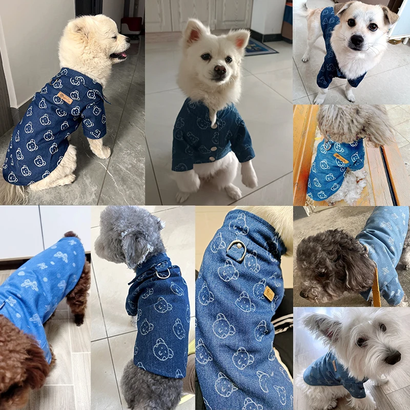 Autumn Winter Dog Denim Shirt Fashion Dog Warm Clothes Bear Print Dog Jean Vest Chihuahua Bichon Pet Clothing Puppy Costume