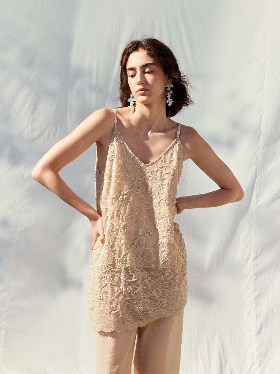 

Avanehood Summer New Loose Feel V-ne Strap Women's Top Pink Original Design Lace Element Nylon Spandex Blend Outerwear