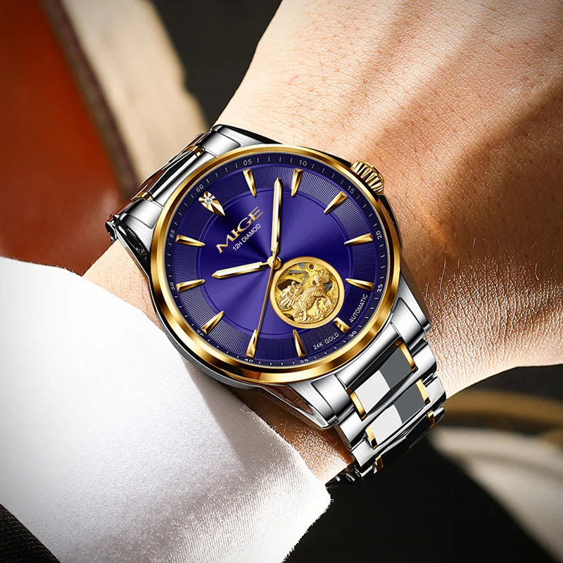 MIGE Original Miyota reloj mecánico automático para parejas esqueleto diamante zafiro 24K oro reloj de pulsera de acero inoxidable