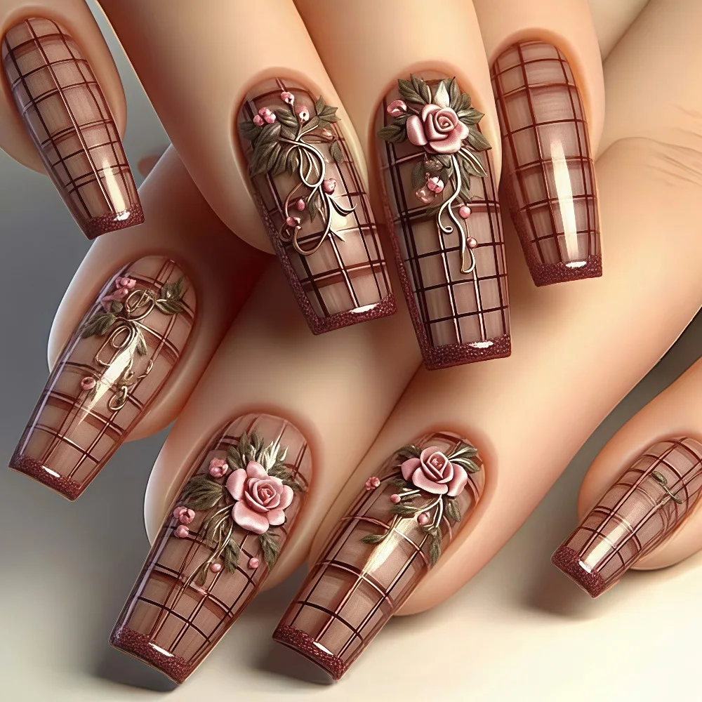 

24PCS Square Coffin Press on Nails with Heart Pink Purple Design Luxury Elegant Vintage Gilt Sunflower False Nails Removable 네일팁