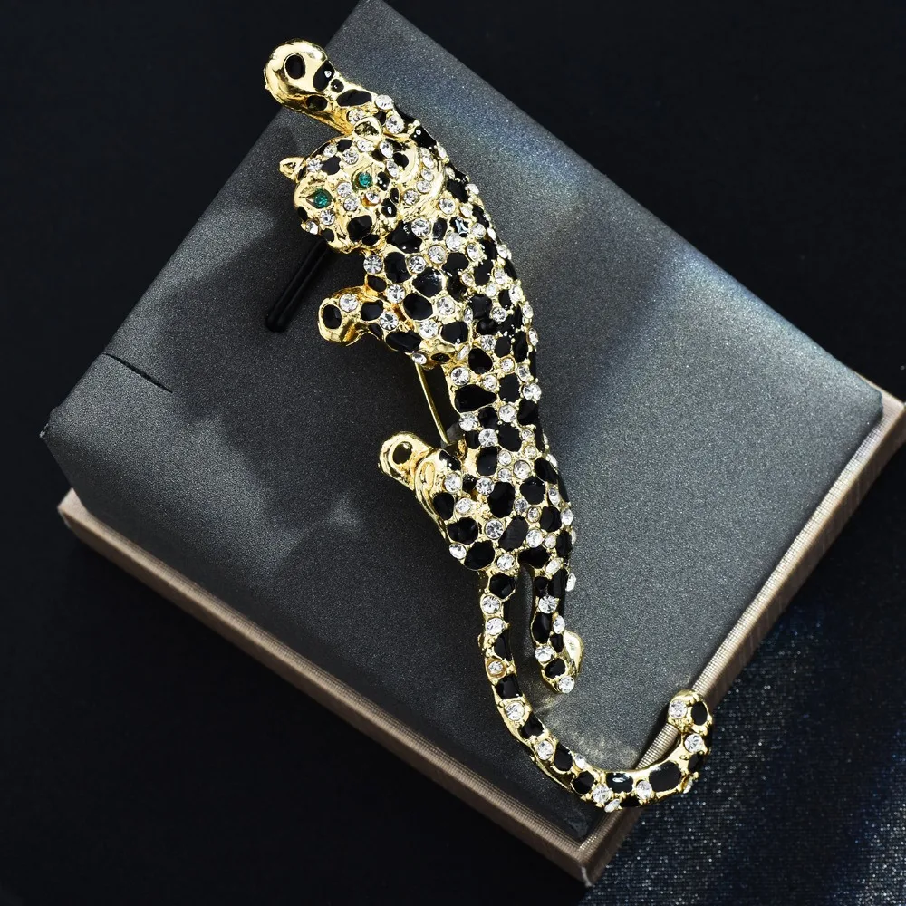 Vintage Leopard Brooch, Gold Tone with Black & Clear Rhinestone, Green Crystal Eyes, Retro Luxury Lapel Pin image 5
