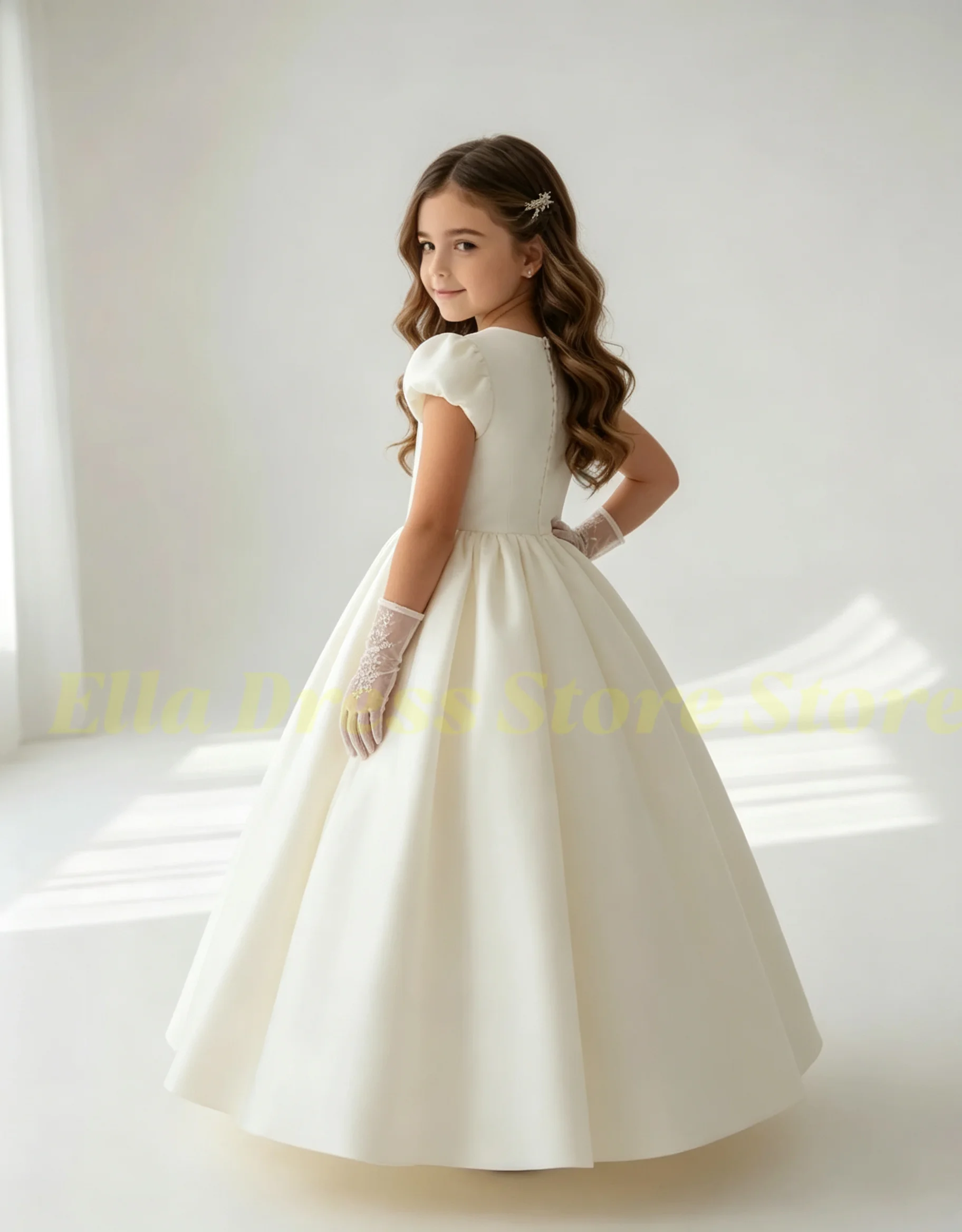 Großhandel Maßgeschneidertes Satin-Kommunionkleid für Mädchen, Kurzarm-Blumenmädchenkleider für Hochzeiten, Bodenlange Prinzessinnen-Formelle Gala-Kleider – Detail 2