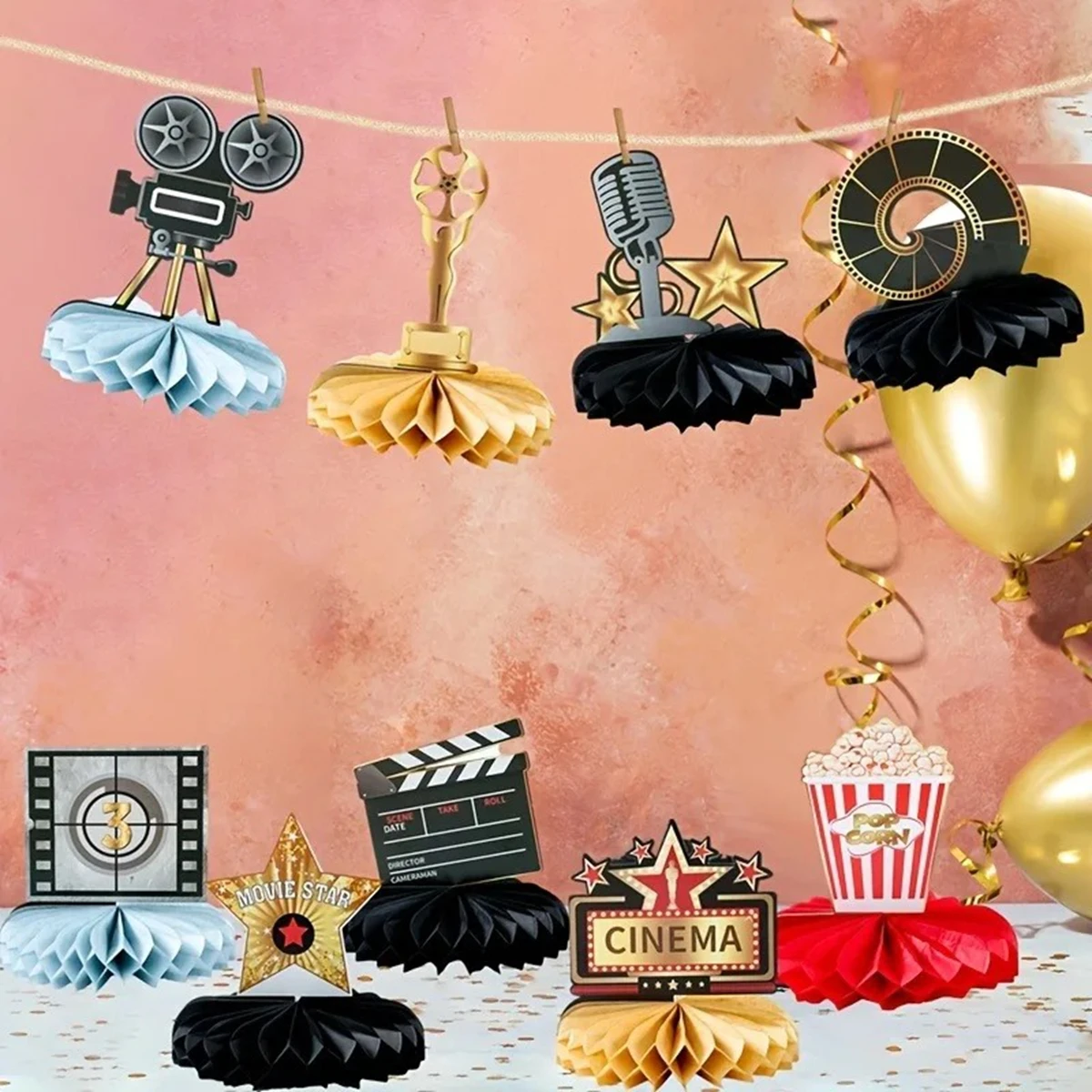 9Pcs Vintage Movie Night Paper Honeycomb Centerpiece Hollywood Cinema Themed Decor Film Camera Popcorn Trophy For Party Supplies