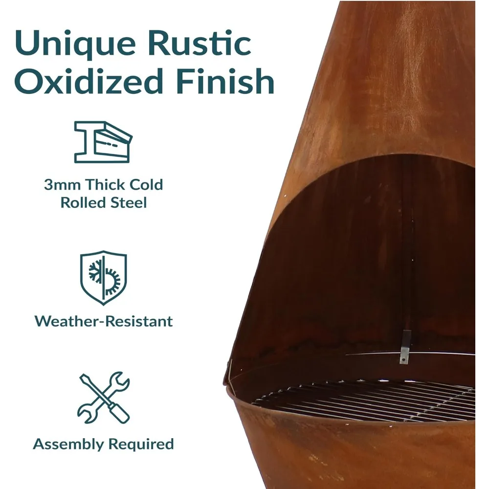 مدفأة كبيرة لحرق الخشب في الهواء الطلق بطول 6 أقدام مع شواية - حفرة نار بتصميم ريفي للترفيه في الفناء الخلفي