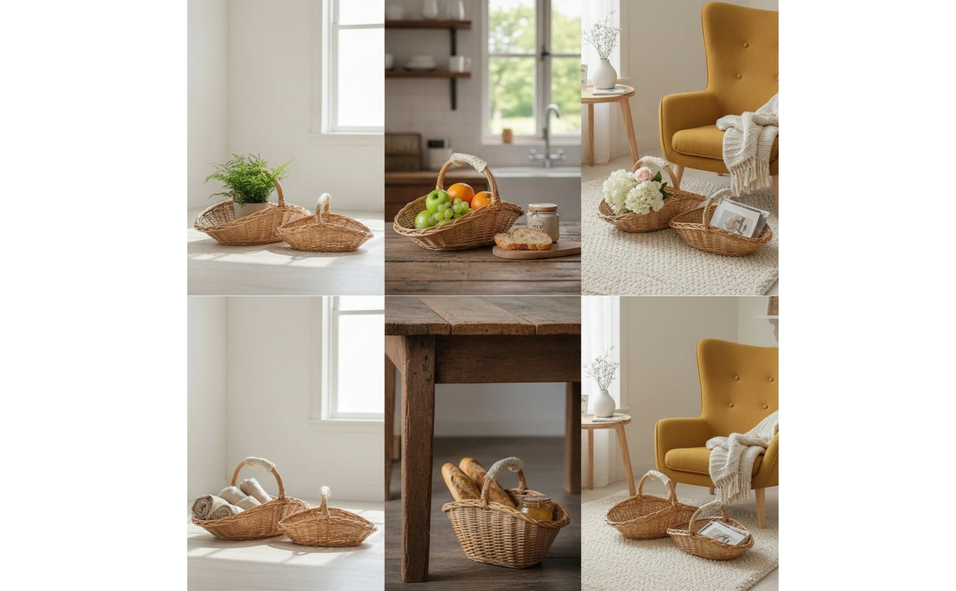 2 Pieces Wicker Storage Basket with Handle Handwoven Woven Fruit Basket Portable Lightweight for Kitchen, Home Organization