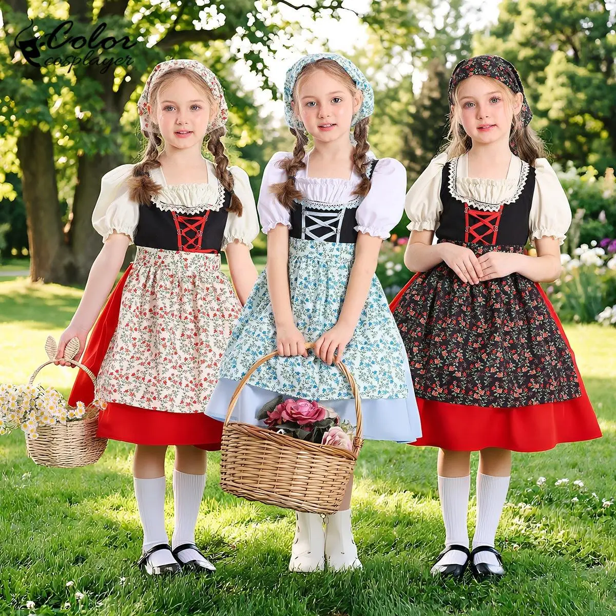 

Girls Oktoberfest Dirndl Dress with Floral Apron German Bavarian Traditional Maid Cosplay Costume Halloween Pastoral Farm Dress