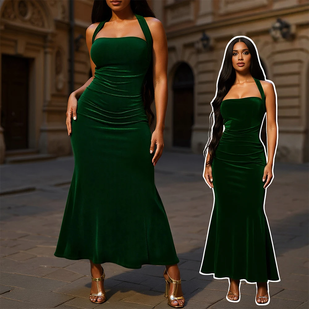 Vestidos de fiesta de noche para mujer 2025, Navidad, otoño, Año Nuevo, cola de pez, liso, sin mangas, cuello Halter, diseño envolvente, vestido Formal