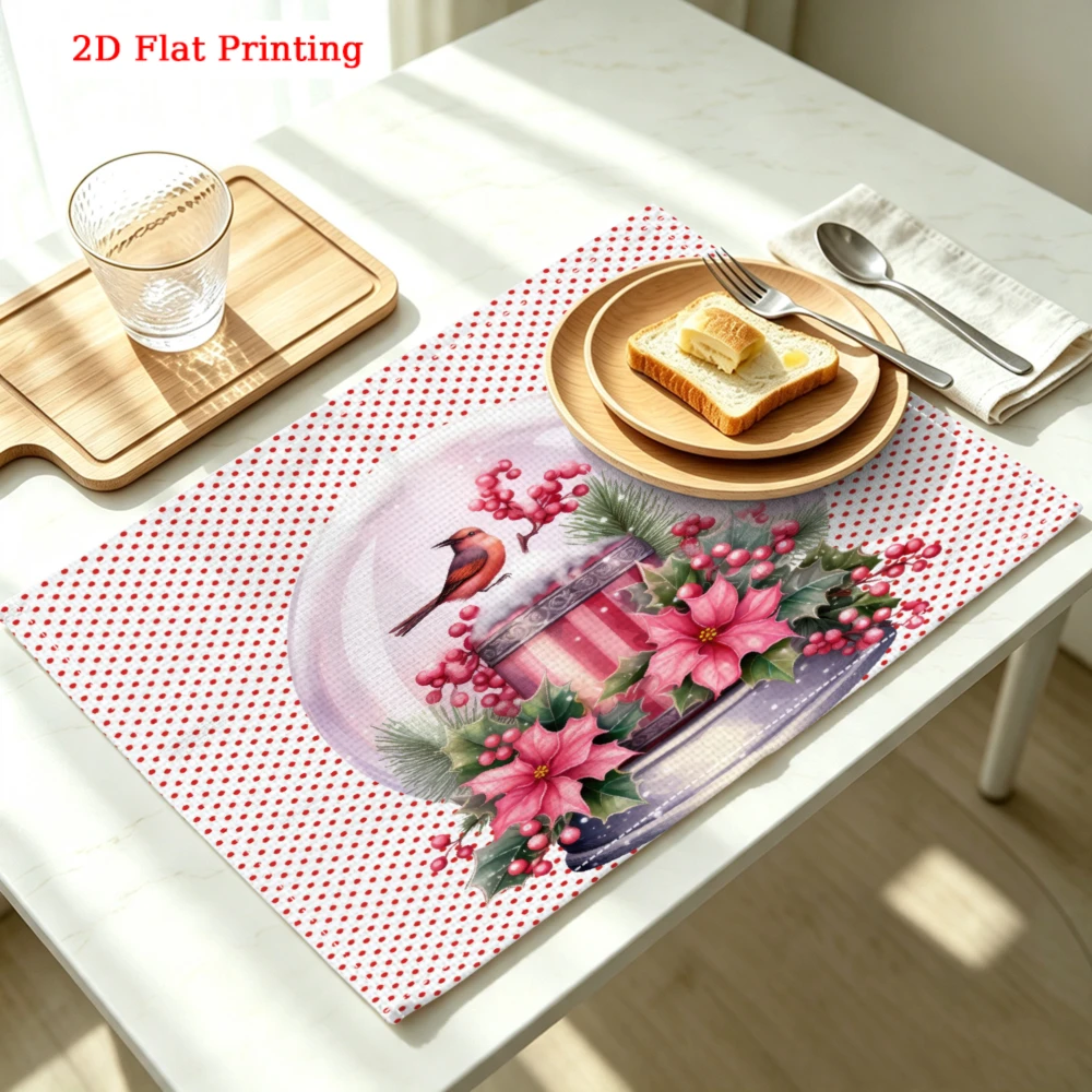 1pc Christmas Red White Polka Dot Bird Poinchettia Berry 2D Printed Placemat Kitchen Dining Party Decor 30x40cm
