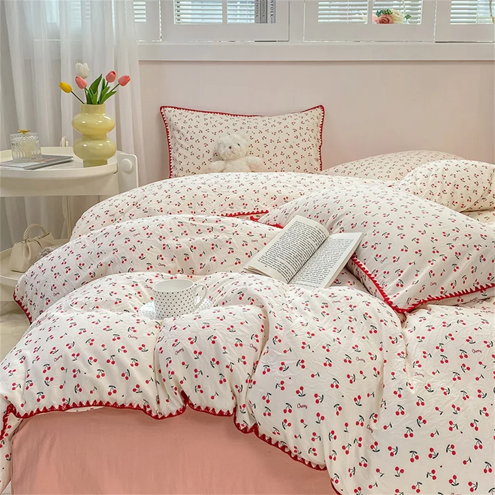 

Ins Red Cherry Bedding Set Twin Full Queen Size Bed Linen Girls Adults Bed Flat Sheet Pillowcase Comforter Duvet Cover