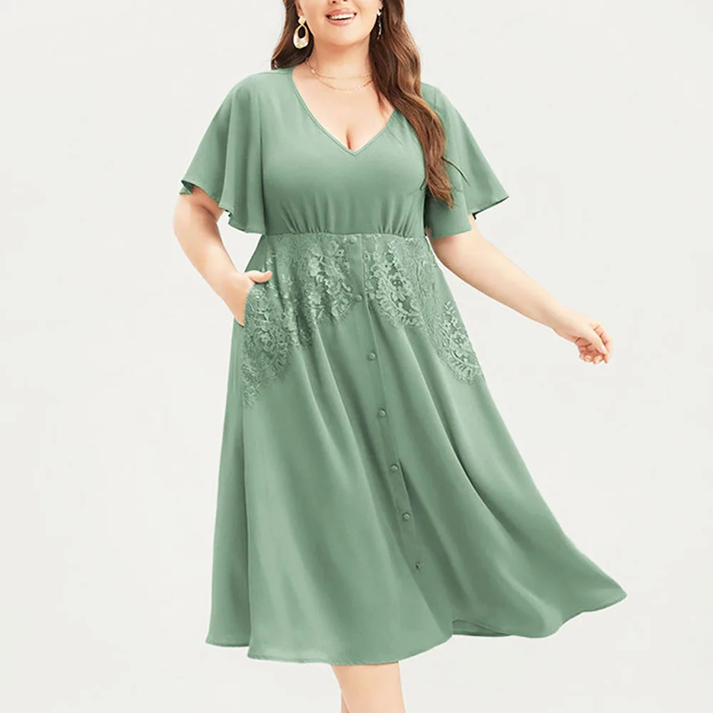 Elegant Lace Plus Size Long Dress Wome 2023 Casual Losse A-line Kintted Maxi Dress Sexy V-neck Evening Dresses Big Size Clothing