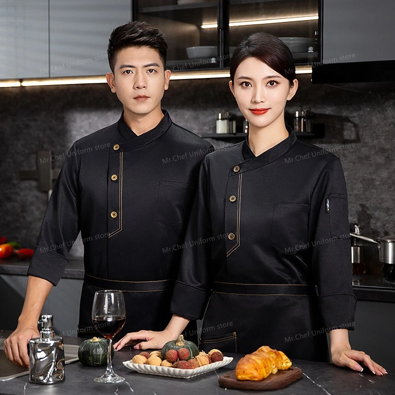 เสื้อเชฟฤดูหนาว เสื้อยืดเชฟแขนยาว ชุดยูนิฟอร์มเชฟ เสื้อโค้ทเชฟชาย ชุดยูนิฟอร์มร้านอาหาร เสื้อพนักงานเสิร์ฟโรงแรม รับสกรีนโลโก้