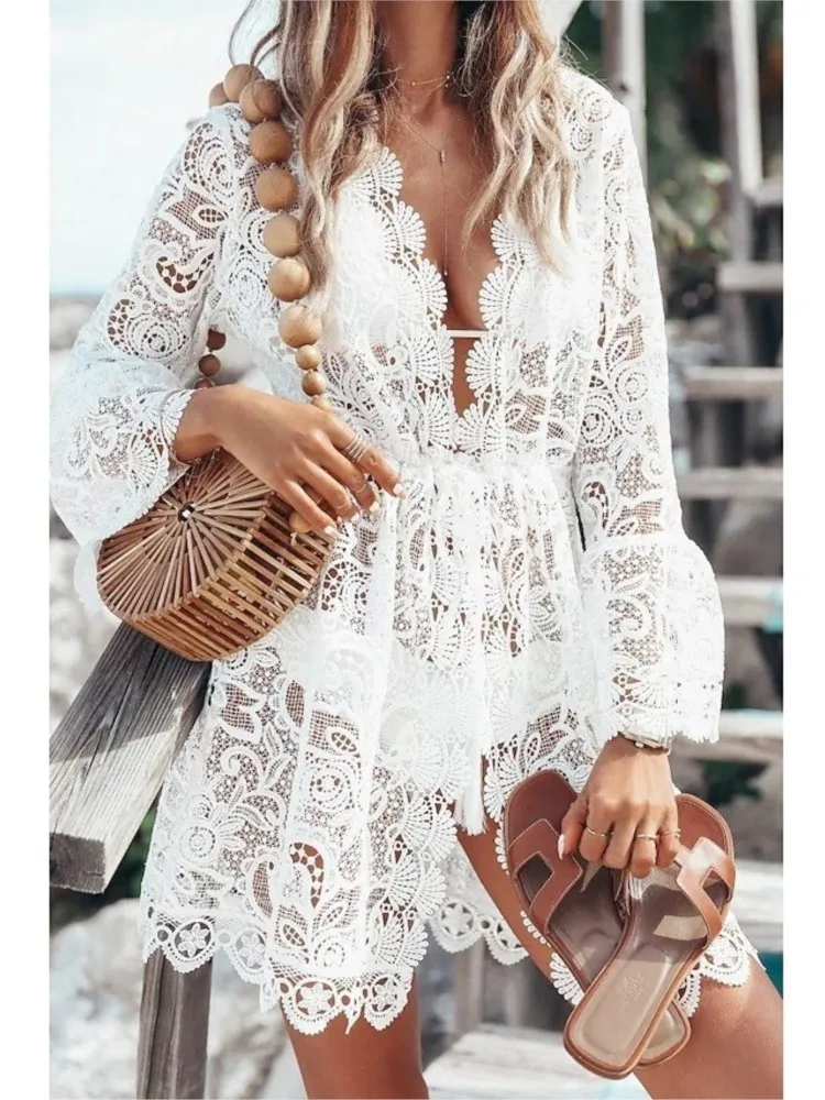 

Lace Beach Bikini Hoodie Short Skirt Summer Women's Sexy V-neck Sunscreen Shirt Solid Color Beach Skirt Casual Party Vacation