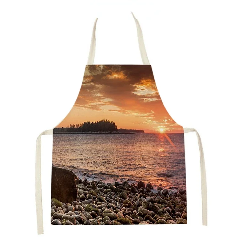 Natural Landscape New Fashion Canvas Kitchen Apron Work Apron Barbecue Restaurant Bar Shop Cafe Nail Salon Uniform Can Be Wiped