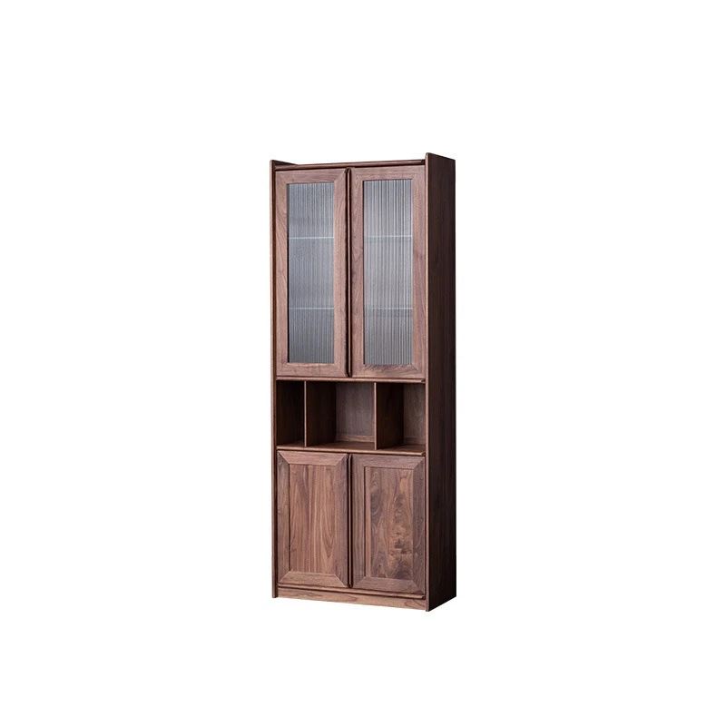 Nordic solid wood bookcase, black walnut glass door bookcase, bedroom simple shelf combination bookcase