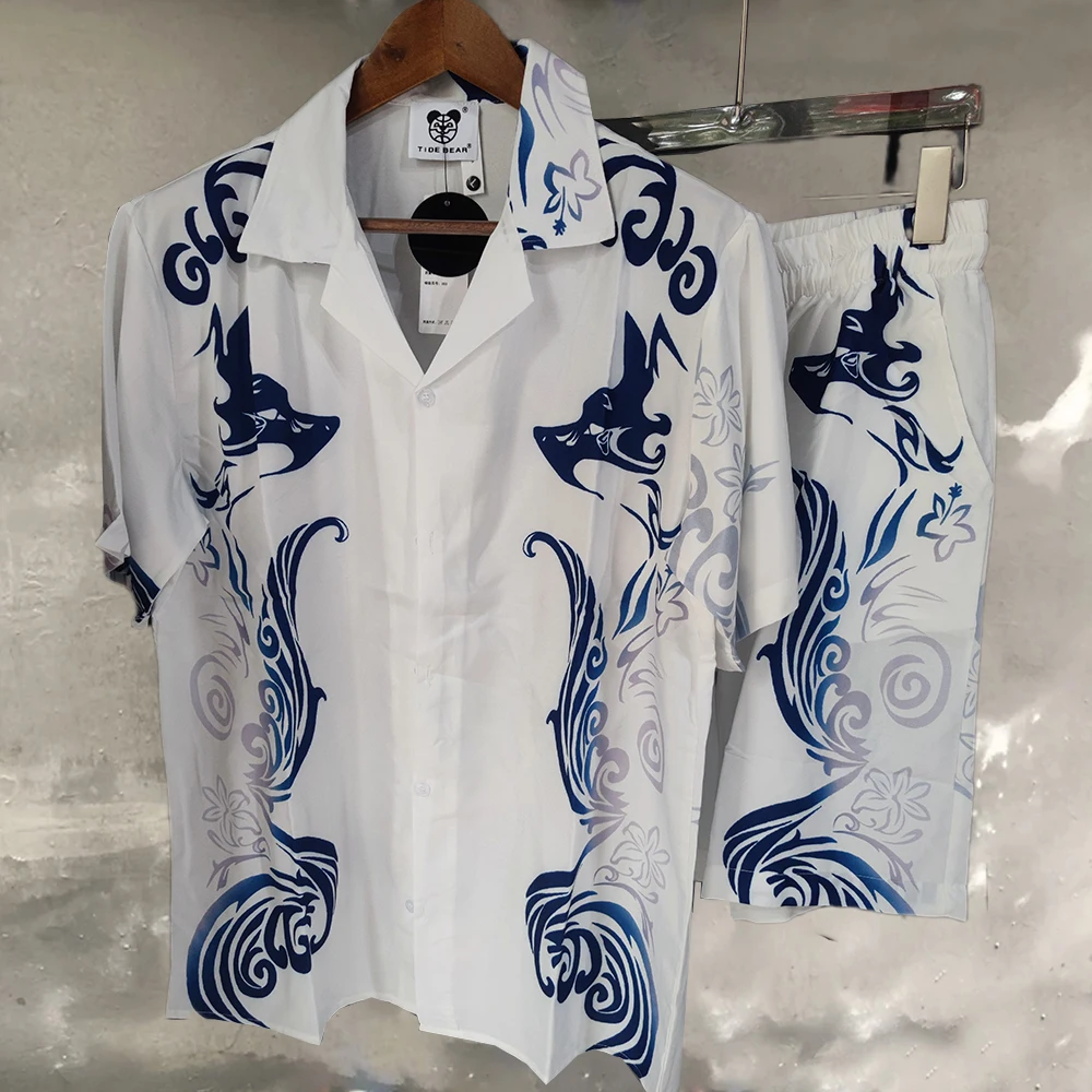 Summer Retro Color Contrast Print Pattern Shirt Suit Beach Short Sleeve Shirt+Short Men Clothing Casual Loose Short Tracksuit