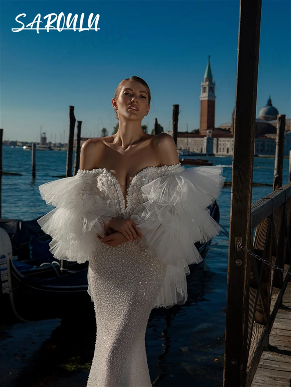 Vestido de novia de lujo con purpurina y cola de capa desmontable, vestidos de novia largos con volantes de tul, personalizados, con hombros descubiertos