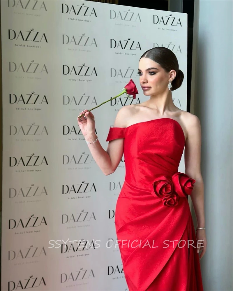 Sexy Red One Shoulder Evening Gowns 3D Flower Maxi Dress Women Bespoke Strapless Long Dresses Off Shoulder Evening Party Gown