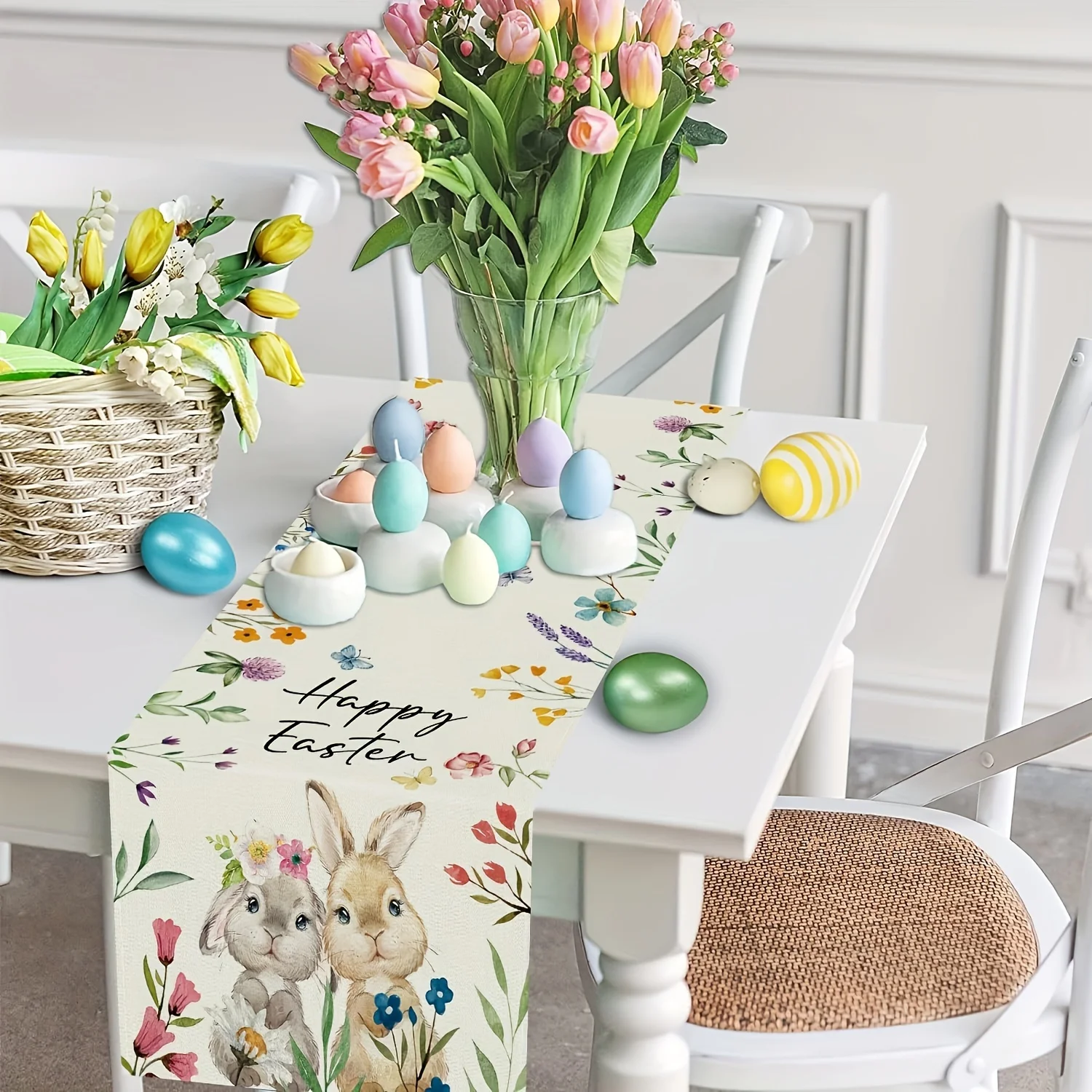 Happy Easter Bunny Flower Linen Table Runner Holiday Wedding Party Decor Spring Kitchen Dining Table Runners Dresser Scarf Decor