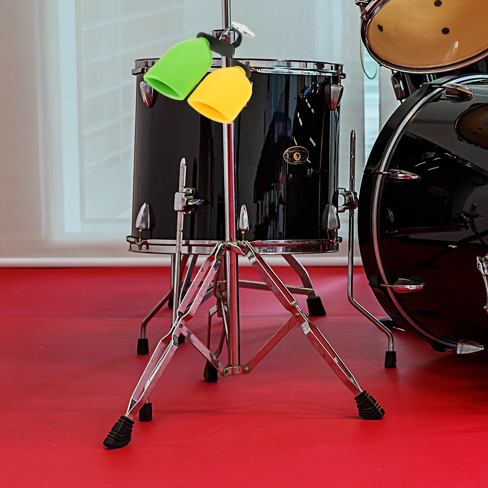 1 paio di campanelli in plastica per tamburi, tono alto e basso, kit di percussioni, verde giallo, accessori per strumenti musicali durevoli, campanelli per set di batteria