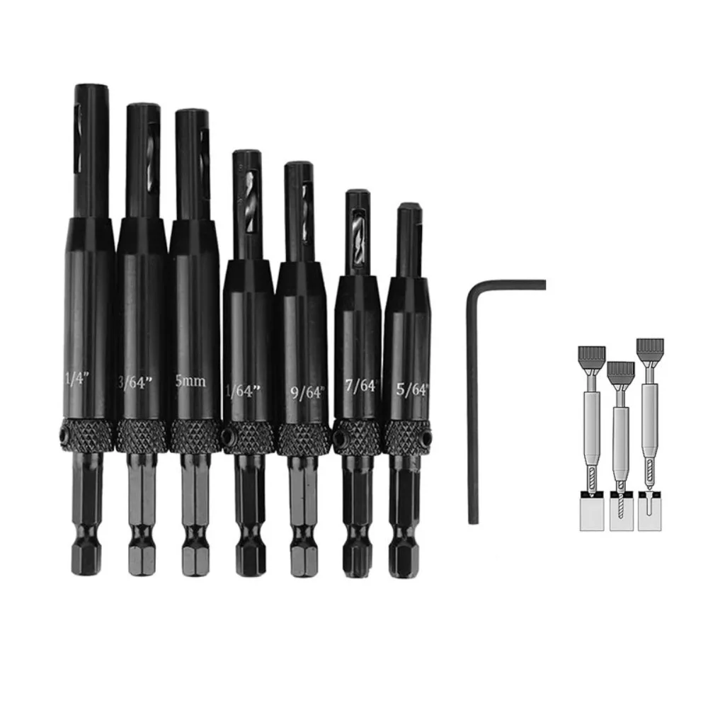 7pcs Spring Loaded Self Centering Drill Bit Set 1/4 Inch Hex Shank Black Coated Center Drill Bits Set