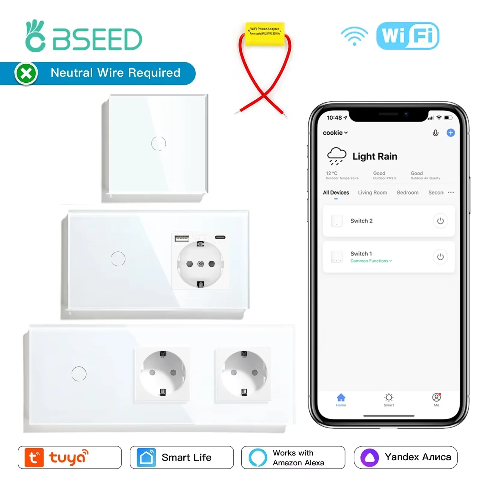 BSEED Wifi 1/2/3Gang Smart Touch Switches Plus EU Wall Sockets USB Type-c Tuya Smart Life Alexa App Control Work With Capacitor