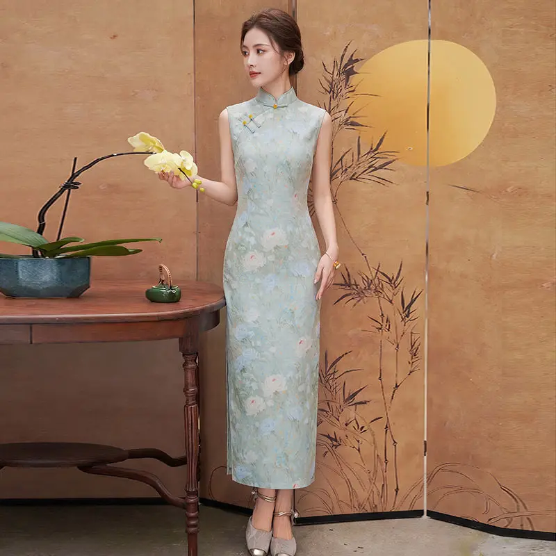 Blue Sleeveless Chinese Style Suzhou Long Cheongsam Improved Young Style 2026 New Female Dress Qipao