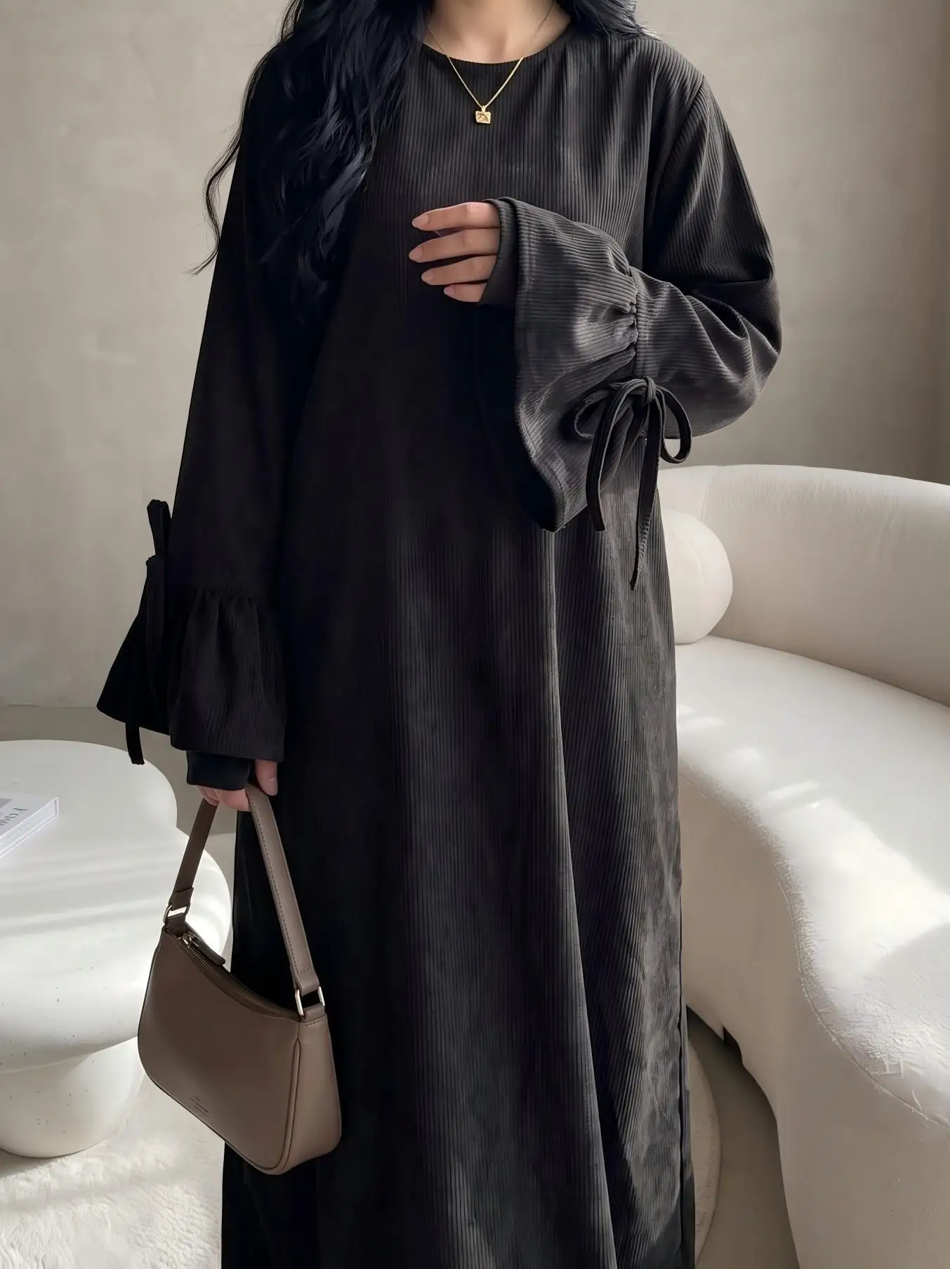 Muslim Women Long Sleeve Dress Elegant Sweet Maxi Dress Long Sleeve Lace Cuff Loose Abaya Kaftan Turkey Robe One Size Arab Party