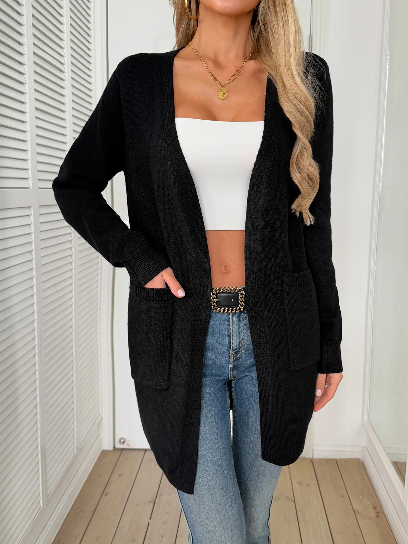 

Женский модный простой длинный стильный кардиган, свитер, темпераментный однотонный свитер с карманами, повседневное свободное пальто с длинными рукавами