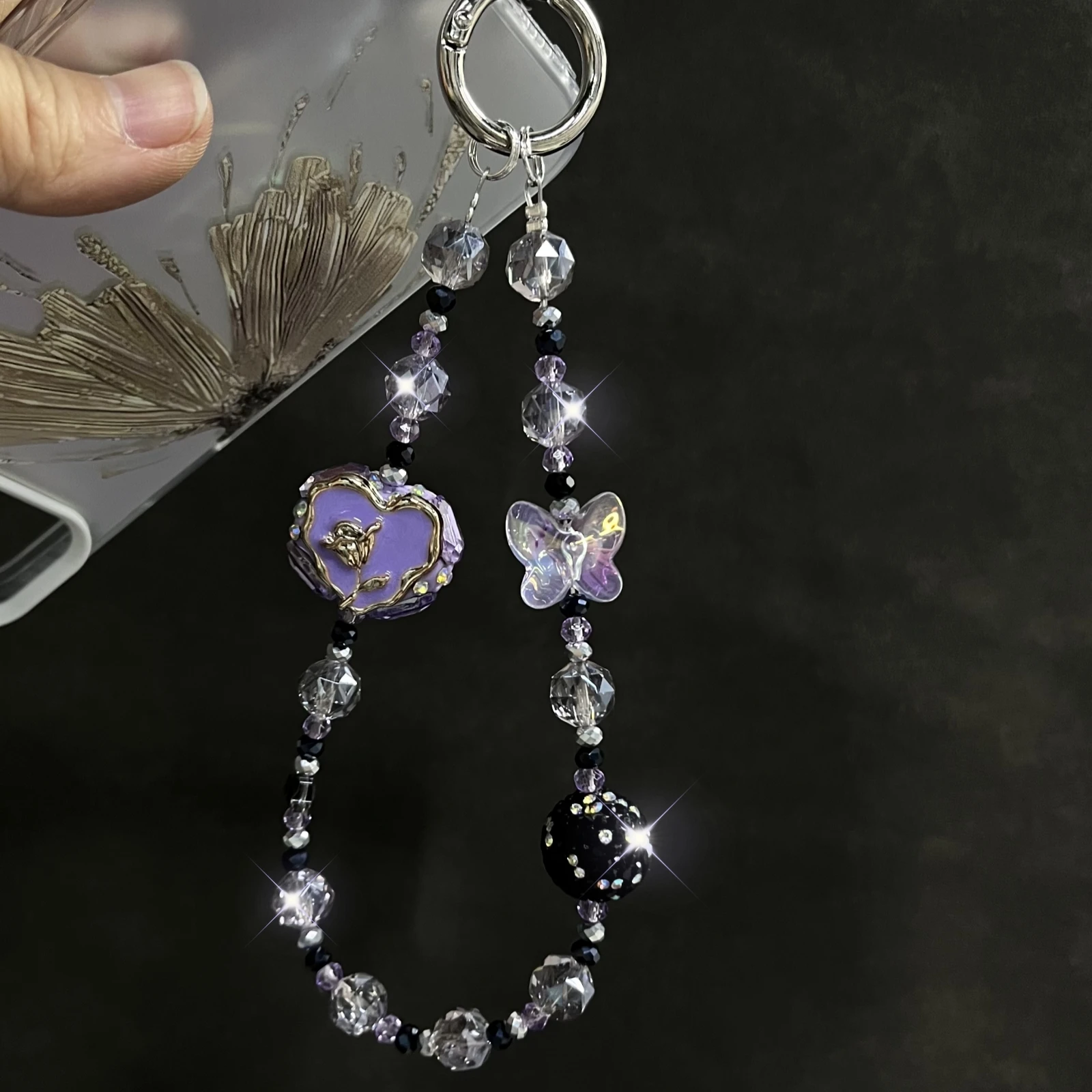 Black -purple oil painting wind rose phone chain translucent purple butterfly drill ball phone accessories phone case decorative